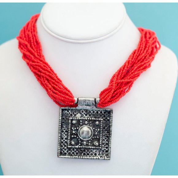 Vintage Geometric Silver Tone Square Red Necklace 22 1/2 inch - R4 - Picture 2 of 3